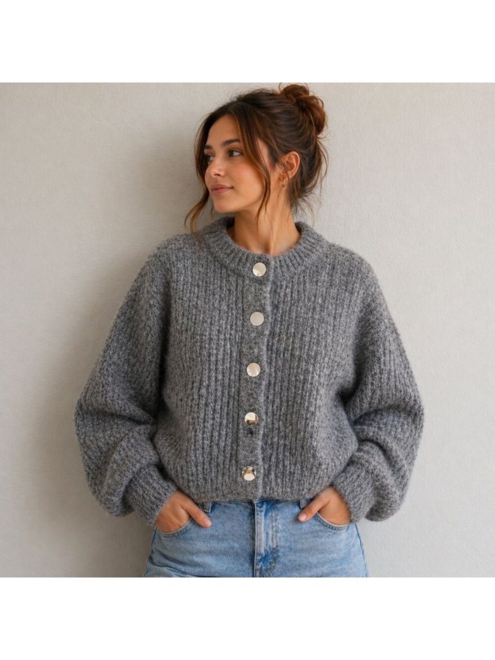 H&M Alpaca Blend Cardigan Sweater Gray Button Front Women’s Small Cozy Knit